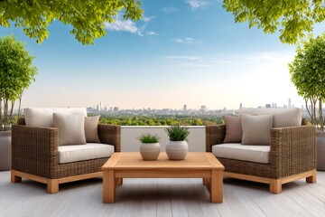 Obraz premium Rooftop terrace furniture with city skyline view