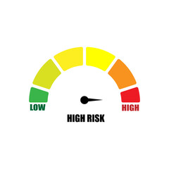 High risk indicator gauge icon on speedometer scale. Risk level concept showing needle pointing to high risk zone. Flat illustration isolated on white background.