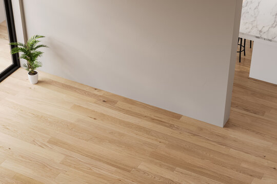 High angle view of minimalist interior with wooden floor and empty wall 3d rendering