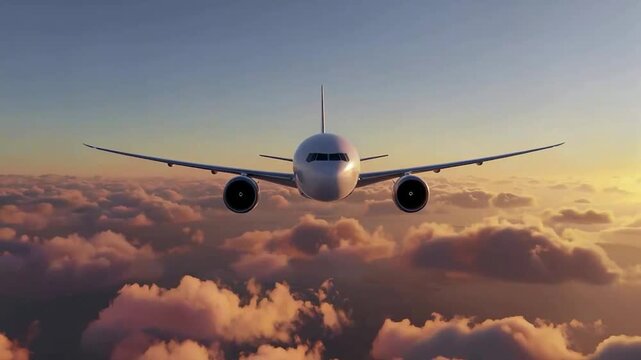 Majestic Boeing 777 commercial jet airplane flying above clouds during golden hour sunset, front view of wide body passenger aircraft in cinematic lighting, long distance flight, evening aviation.