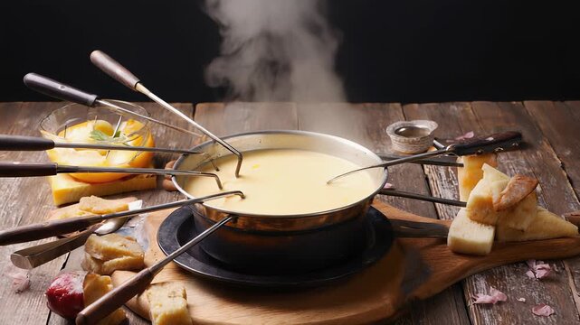 Fondue Dinner: Cheese Melting in a Pot with Bread, Fruit, and Skewers on Wooden Table