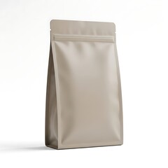 Standing beige pouch with zipper closure against a plain background