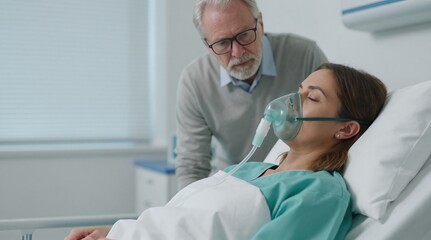 Fototapeta premium Concerned man looking down at sick woman in hospital bed wearing oxygen mask for treatment
