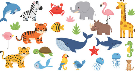 Cute Cartoon Animal Vector Illustration Set with Wild, Safari, Farm, and Sea Animals Including Dolphin, Tiger, Giraffe, Elephant, Whale, Bird, and Fish Characters © MdSumon
