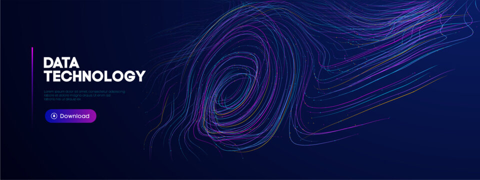 Ai blue data with flow wave background for light abstract code. Digital technology particle with purple connection cube for podcast sound futuristic. Line future network with white binary tech.