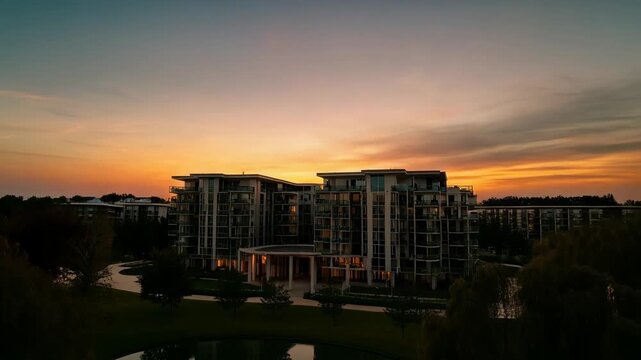 Luxury condominiums at sunset golden hour real estate development