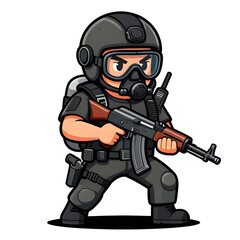 Naklejka premium A sturdy special forces soldier with a combat weapon, fully equipped in special combat gear. Cartoon mascot, illustration, clean lines, flat design, modern, high quality