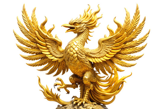 Intricate golden phoenix statue with outspread wings and detailed feathers isolated on a transparent background