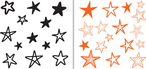 A collection of hand-drawn star doodles. Left side features black ink outlines and solid silhouettes  right side displays orange stars with various hatching patterns and sketchy outlines. © Muhammad
