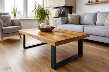 Naklejka premium Modern living room interior design with wood coffee table