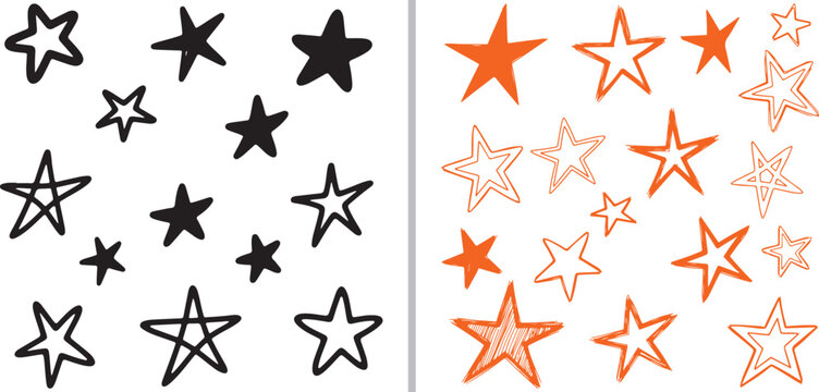 A collection of hand-drawn star doodles. Left side features black ink outlines and solid silhouettes; right side displays orange stars with various hatching patterns and sketchy outlines.