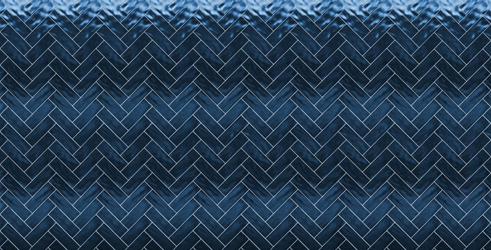 Herringbone pattern of dark blue glossy tiles with bright white grout and textured glass effect