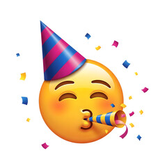 Happy celebration emoji blowing party horn with festive confetti widely scattered