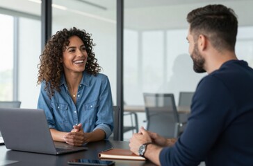 Obraz premium Smiling Businesswoman in Meeting with Colleague, Modern Office Setting, Collaboration and Communication