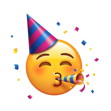 Happy celebration emoji blowing party horn with festive confetti widely scattered