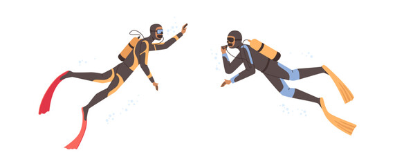 Water activities in summer or underwater exploration. Vector isolated characters wearing goggles and flippers swimming underwater. Scuba diving and snorkeling, active rest in resort in summertime © Sensvector