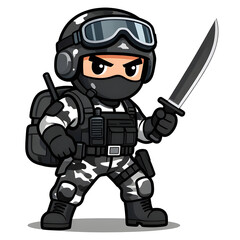 Naklejka premium A sturdy special forces soldier with a combat weapon, fully equipped in special combat gear. Cartoon mascot, illustration, clean lines, flat design, modern, high quality