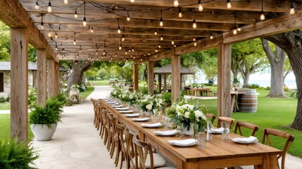 Outdoor wedding reception table setup under rustic pergola lights
