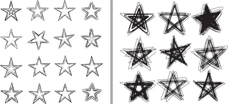 A collection of hand-drawn stars in black ink. Features two sets: clean, sketchy outlines and messy, densely scribbled stars with a bold, expressive texture.