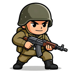 Naklejka premium A sturdy special forces soldier with a combat weapon, fully equipped in special combat gear. Cartoon mascot, illustration, clean lines, flat design, modern, high quality