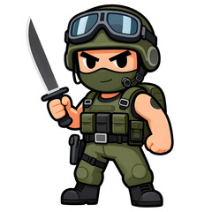 Naklejka premium A sturdy special forces soldier with a combat weapon, fully equipped in special combat gear. Cartoon mascot, illustration, clean lines, flat design, modern, high quality