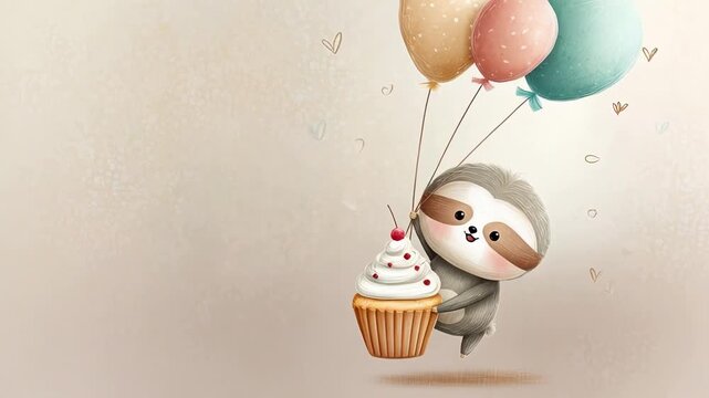 Cute sloth holding cupcake and balloons in celebratory cartoon art