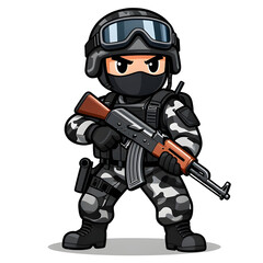 Naklejka premium A sturdy special forces soldier with a combat weapon, fully equipped in special combat gear. Cartoon mascot, illustration, clean lines, flat design, modern, high quality