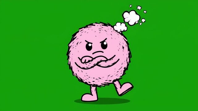 Pink fluffy character expressing frustration and anger with thought bubbles.