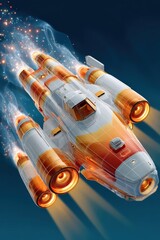 Fototapeta premium Futuristic orange and white space rocket with multiple thrusters soaring through a dark blue sky
