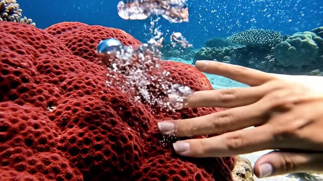A hand reaching out to touch a vibrant red coral reef underwater