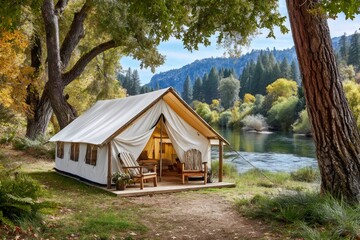 Glamping tent on riverbank featuring autumn forest and mountains