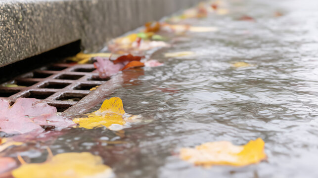 rainwater flow at the edge of a grate with fallen leaves, urban runoff in motion.