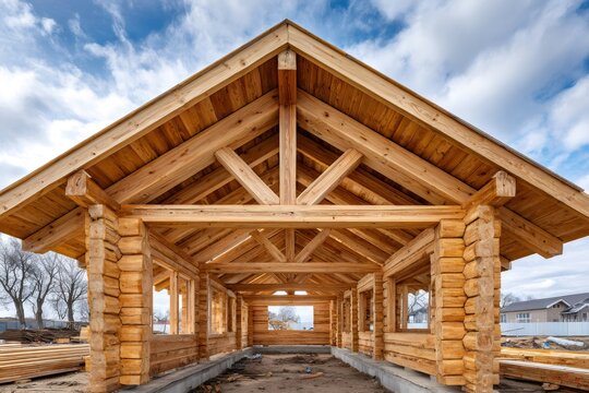 Unfinished log cabin construction showing timber roof framing