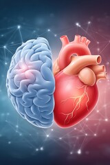 Fototapeta premium Digital illustration of a blue brain and red heart connected by network lines and nodes in modern medicine