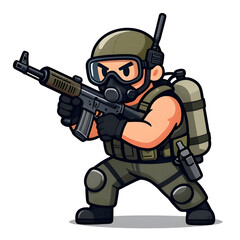 Naklejka premium A sturdy special forces soldier with a combat weapon, fully equipped in special combat gear. Cartoon mascot, illustration, clean lines, flat design, modern, high quality