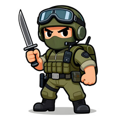 Naklejka premium A sturdy special forces soldier with a combat weapon, fully equipped in special combat gear. Cartoon mascot, illustration, clean lines, flat design, modern, high quality