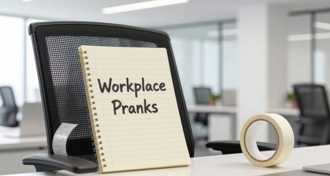Office Pranks Concept: Notepad Displaying the Words Workplace Pranks with Tape Dispenser on Desk
