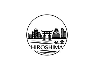 Fototapeta premium Hiroshima city of Japan stylized black and white skyline logo with iconic architecture
