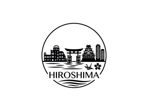 Hiroshima city of Japan stylized black and white skyline logo with iconic architecture