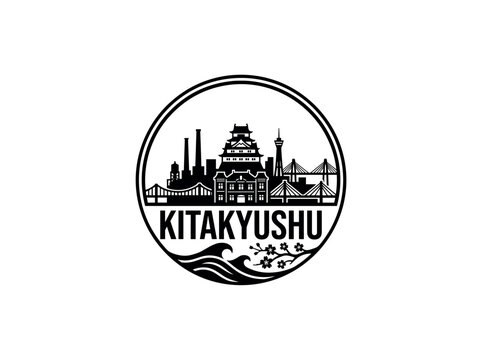 Kitakyushu city of Japan stylized black and white skyline logo with iconic architecture