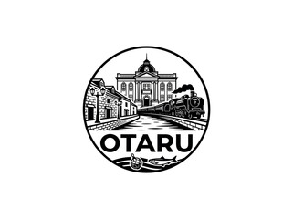 Obraz premium Otaru city of Japan stylized black and white skyline logo with iconic architecture