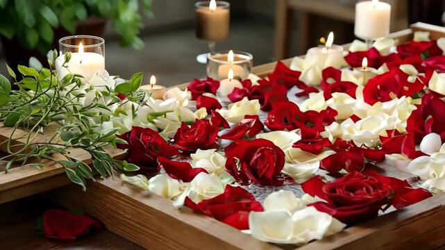 Decorative tray filled with red and white rose petals and candles in a cozy setting near a window during evening hours