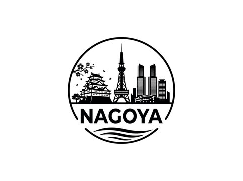 Nagoya city of Japan stylized black and white skyline logo with iconic architecture