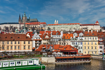 Obraz premium Scenic view of the Prague Old Town pier architecture. Seen from Charles Bridge over Vltava river in Prague, Czechia.