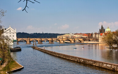 Obraz premium Scenic view of the Prague Old Town pier architecture. Seen from Charles Bridge over Vltava river in Prague, Czechia.