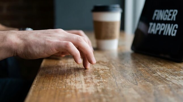 Close up of hand tapping fingers on wooden table
