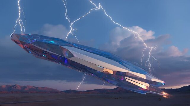 Futuristic Metallic Spaceship Crashes in Desert Landscape, Dramatic Sci-Fi Scene, High-Tech Impact, Alien Technology.