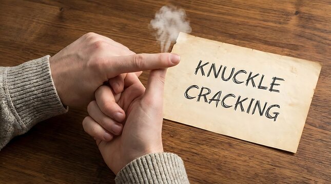 Hands cracking knuckles at wooden desk with paper sign