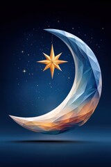 Fototapeta premium Ramadan themed crescent moon with star hanging ornament in a geometric night sky background