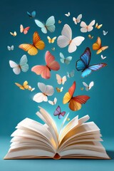 Naklejka premium Open book releases colorful butterflies in a magical moment of imagination and learning